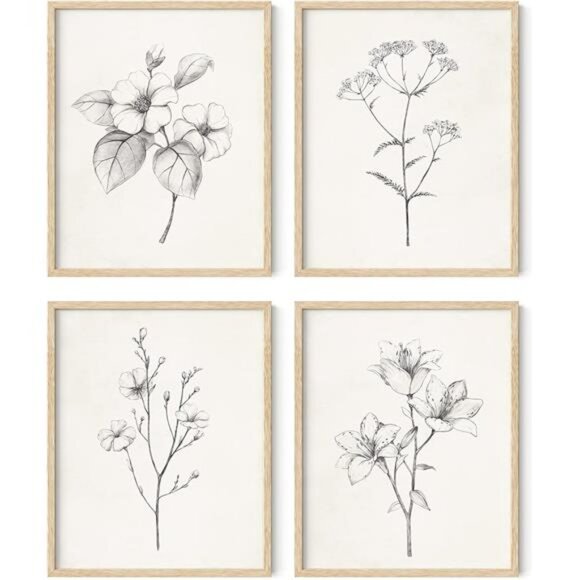 Grey Floral Wall Art - Set of 4 Plant Posters for Wall Vintage, Botanical Prints - Picture 1 of 7